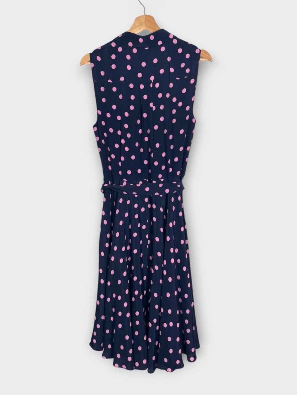 HOBBS London Fit & Flare Dress Sz 6 US Blue Pink Polka Dot Tie Belt - Picture 2 of 10